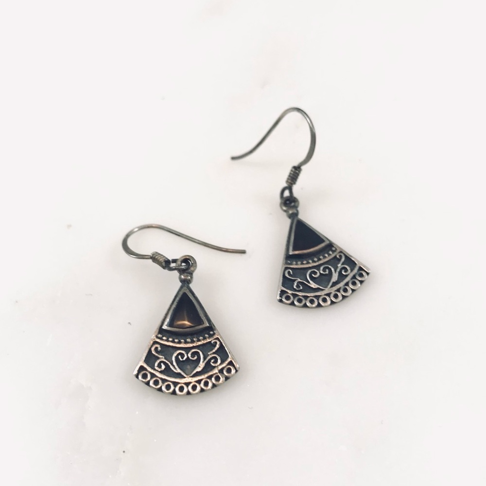 Vintage 925 Silver & Onyx Fan Shape Drop Earrings
